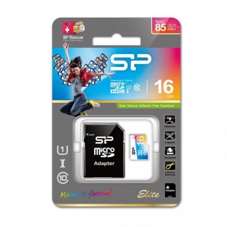 MicroSD   16GB Silicon Power Class 10 Elite COLORED, R/W 85/15 MB/s + SD  (PC) 