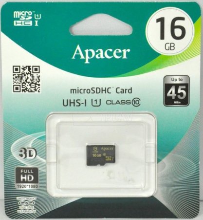 MicroSD   16GB Apacer Class 10 UHS-I (R/W 45/10 MB/s)   (PC) 