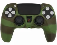 Защитный силиконовый чехол + 2 накладки на стики для геймпада Playstation DualSense Зеленый Камуфляж (PS5)