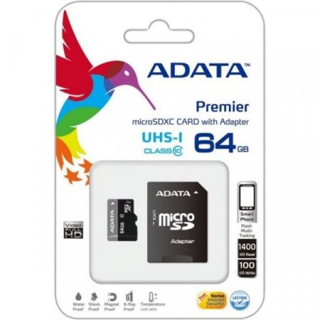 MicroSD   64GB A-DATA Class 10 Premier UHS-I 40/15 MB/s + SD  (PC) 
