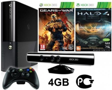     Microsoft Xbox 360 Slim E 4Gb Rus + Kinect   + Gears Of War Judgment + Metro 2033: Last Light 