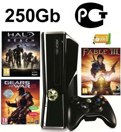     Microsoft Xbox 360 Slim 250Gb Rus +  Halo Reach +  Fable 3 +  Gears of War 2 + 3  LIVE Gold 