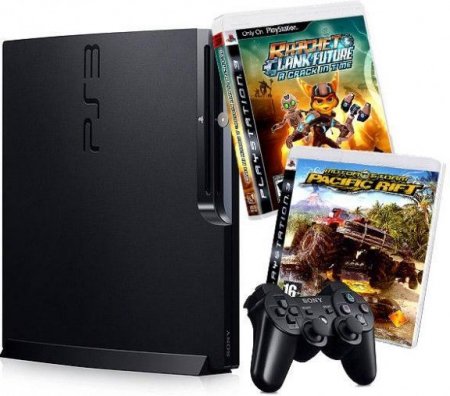   Sony PlayStation 3 Slim (320 Gb) Rus Black + 2  Ratchet and Clank + MotorStorm Pacific Rift   Sony PS3