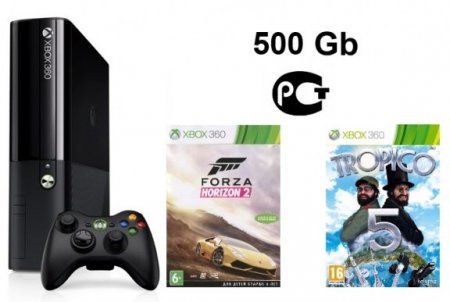     Microsoft Xbox 360 Slim E 500Gb Rus Black + Forza Horizon 2 +  5 (Tropico 5) 