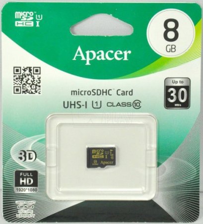 MicroSD   8GB Apacer Class 10 UHS-I (R/W 30/10 MB/s)   (PC) 