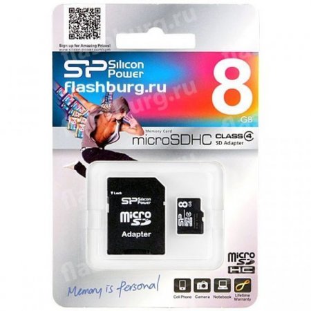 MicroSD   8GB Silicon Power Class 4 + SD  (PC) 