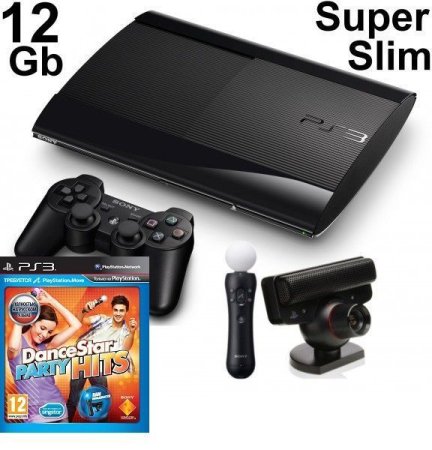 Игровая приставка Sony PlayStation 3 Super Slim (12 Gb) Rus Black Move Starter Pack (Контроллер движений PlayStation Move + Камера PlayStation Eye + D
