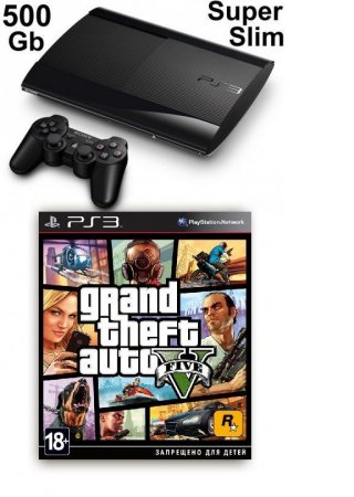   Sony PlayStation 3 Super Slim (500 Gb) Black () + GTA: Grand Theft Auto 5 (V)   USED /