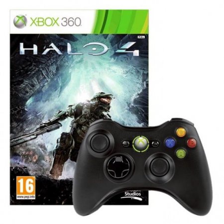   Microsoft Wireless Controller  Xbox 360 (Black)   + Halo 4 (Xbox 360) 