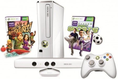 Игровая приставка Microsoft Xbox 360 Slim White 4Gb + Kinect Сенсор движений (Белого цвета) + Сборник Kinect Adventures 5 игр + Игра Kinect Sports + 3