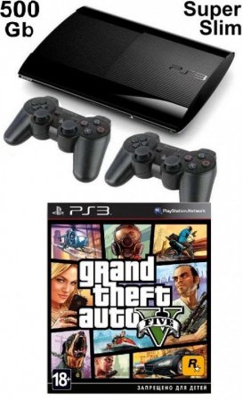   Sony PlayStation 3 Super Slim (500 Gb) Black () + 2   DualShock 3 + GTA: Grand Theft Auto 5 (V)  Sony PS3