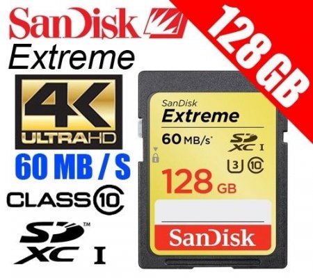 SDXC   128Gb Sandisk Class 10 Extreme UHS-I (U3) R/W 60/40MB/s (PC) 