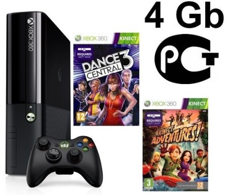 Игровая приставка Microsoft Xbox 360 Slim E 4Gb Rus + Kinect + Dance Central 3 + Сборник Kinect Adventures 5 игр
