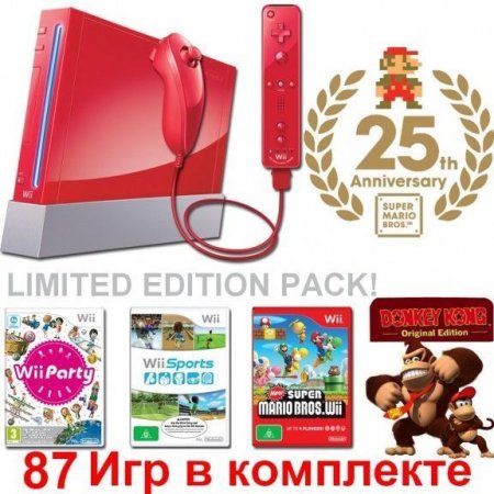     Nintendo Wii Limited Red Edition New Super Mario Bros Pack Rus + Wii Sports + Wii Party (87 ) + New Super Mario Bros + Donkey Kon Nintendo Wii