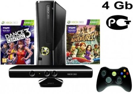     Microsoft Xbox 360 Slim 4Gb Rus + Kinect   +  Kinect Adventures 5  + Dance Central 3 