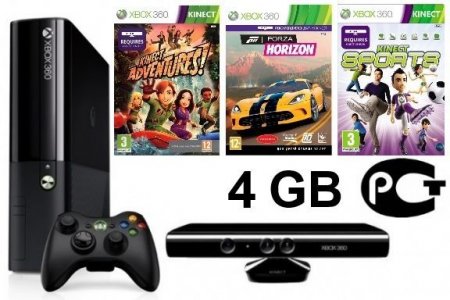     Microsoft Xbox 360 Slim E 4Gb Rus Black + Kinect   +  Kinect Adventures 5  + Forza Horizon + Kinect Sports 