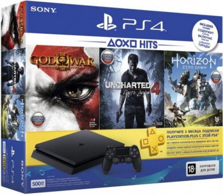   Sony PlayStation 4 Slim 500Gb Rus  +  Horizon Zero Dawn+ God of War 3+ Uncharted 4:   + PS Plus 3- 