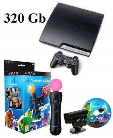 Игровая приставка Sony PlayStation 3 Slim (320 Gb) Rus Black (чёрная) Move Starter Pack (Контроллер движений PlayStation Move + Камера PlayStation Eye