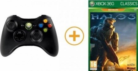   Microsoft Wireless Controller  Xbox 360 (Black)   + Halo 3 (Xbox 360/Xbox One)
