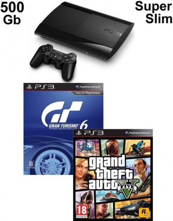   Sony PlayStation 3 Super Slim (500 Gb) Rus Black () + GTA: Grand Theft Auto 5 (V) + Gran Turismo 6   USED / Sony PS3