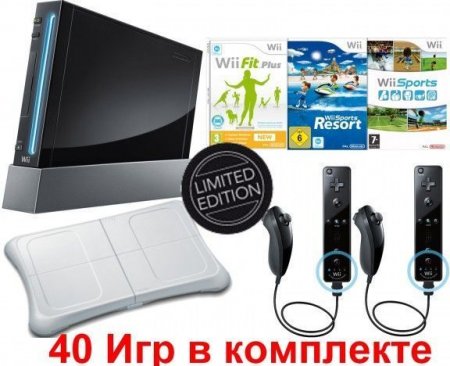     Nintendo Wii Limited Black Edition Rus + Wii Sports + Wii Sports Resort + Wii Fit Plus (40 ) +    2  ( Nintendo Wii