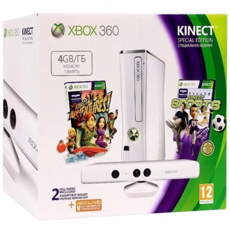 Игровая приставка Microsoft Xbox 360 Slim White 4Gb Rus + Kinect Сенсор движений (Белого цвета) + Сборник Kinect Adventures 5 игр + Игра Kinect Sports