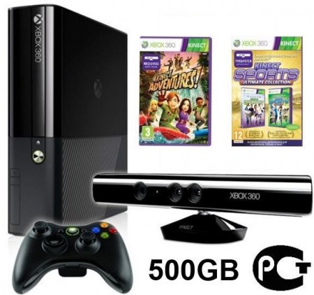    Microsoft Xbox 360 Slim E 500Gb Rus Black + Kinect   +  Kinect Adventures 5  + Kinect Sports Ultimate Collec 