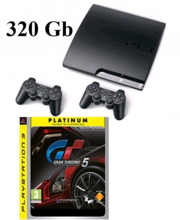   Sony PlayStation 3 Slim (320 Gb) Rus Black () + 2   DUALSHOCK 3 +  Gran Turismo 5   Sony PS3