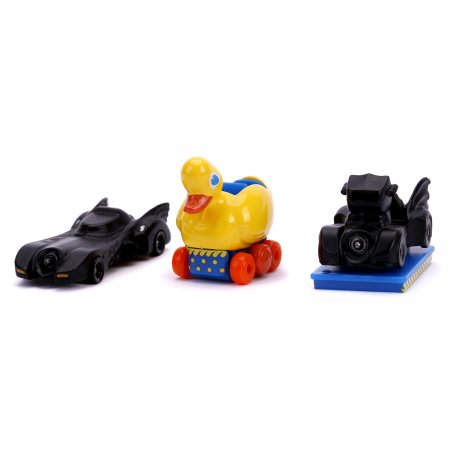      Jada Toys Hollywood Rides:  1989 (1989 Batmobile (31657)) + - (The Penguin Duck (31658)) +     (Penguin Bat O' Ride (31616))   3 (Batman Return 3 (31656) 4 