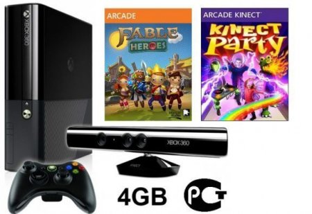     Microsoft Xbox 360 Slim E 4Gb Rus + Kinect   +  Fable Heroes + Kinect Party 