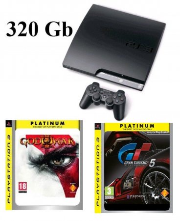   Sony PlayStation 3 Slim (320 Gb) Rus Black +  God of War 3 Platinum  Gran Turismo 5 Platinum Sony PS3