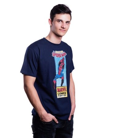Футболка Marvel Spiderman Comics (Марвел Человек-Паук Комикс) Мужская, Темно-Синяя, Размер S для игровых фанатов