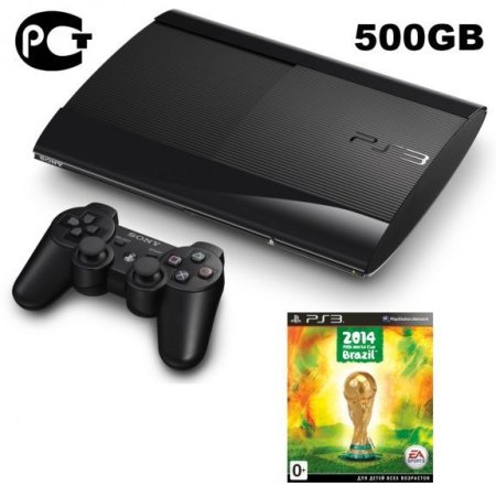 Игровая приставка Sony PlayStation 3 Super Slim (500 Gb) Rus Black (чёрная) + Игра FIFA World Cup Brazil Русская Версия (PS3)