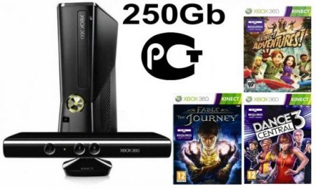     Microsoft Xbox 360 Slim 250Gb Rus + Kinect   +  Kinect Adventures 5 . +  Fable The Journey   