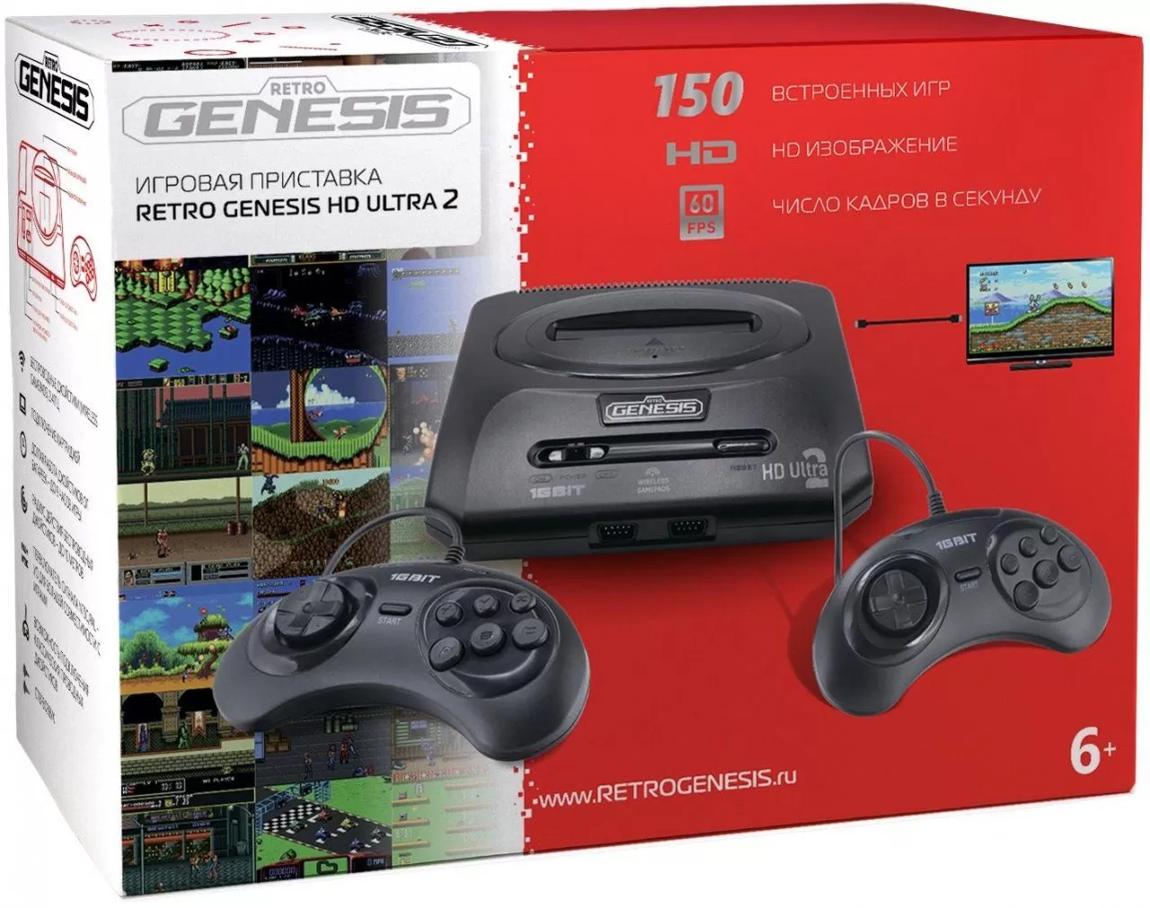 Игровая приставка 16 bit Sega Retro Genesis HD Ultra 2 ZD-07A (150 в 1) +  150 встроенных игр + 2 проводных геймпада + HDMI кабель (Черная)